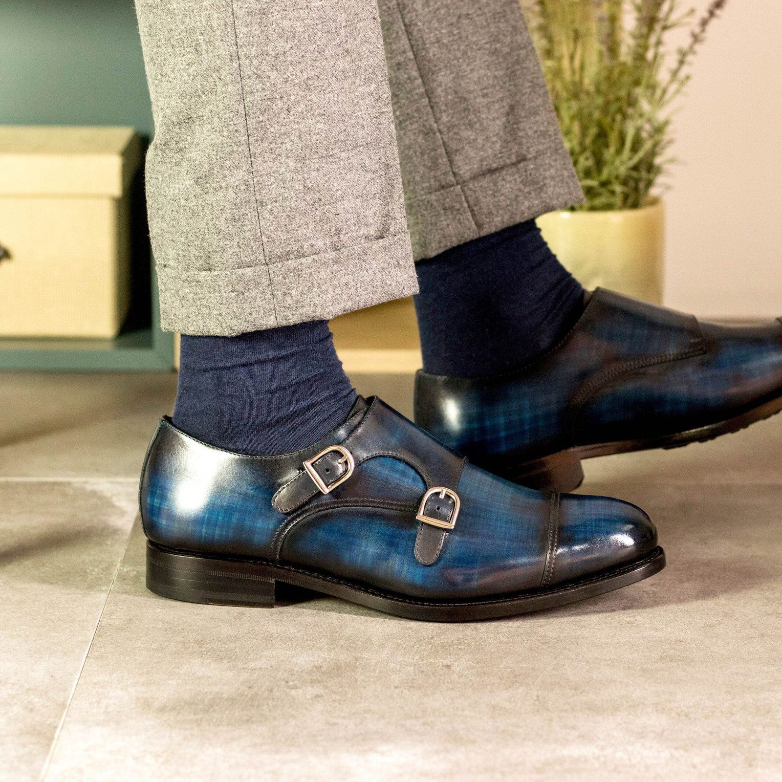 Stylish Denim Patina Double Monk Shoes